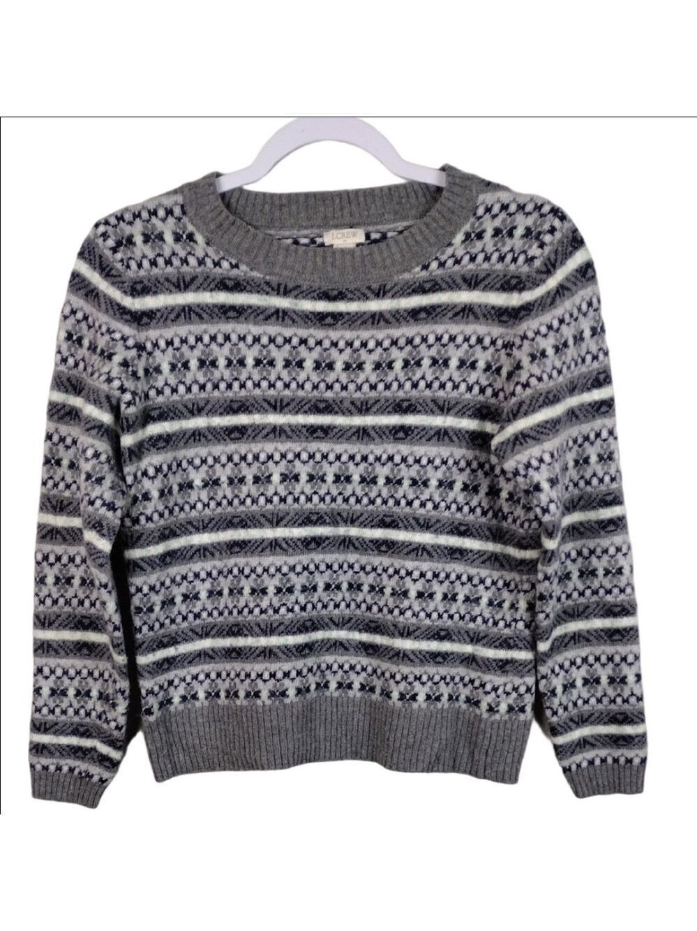 J. Crew Grey Fair Isle Wool Blend Crew Neck Long Sleeve Pullover Nordic Sweater